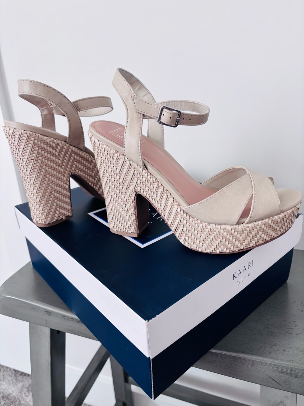 Kaari Blue Beige Woven Platform Sandals with Ankle Strap